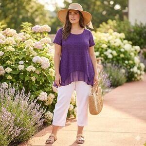 Womens Plus Size Lace Sharkbite Tunic Purple Short Sleeve Boho Simply Emma 1X